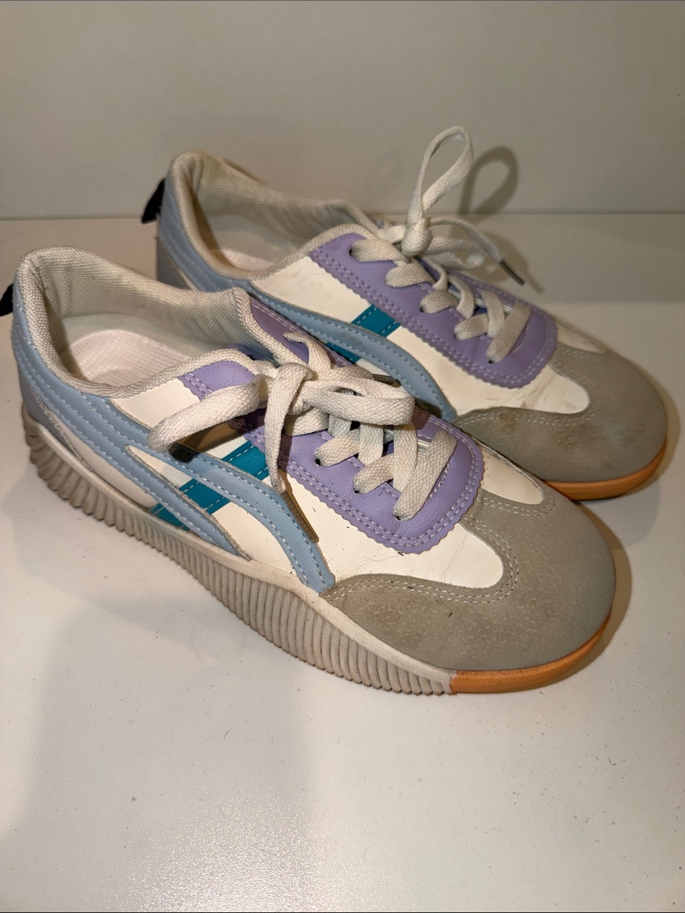Casual Low-Profile Lace-Up Sneakers in White, Lavender & Sky Blue